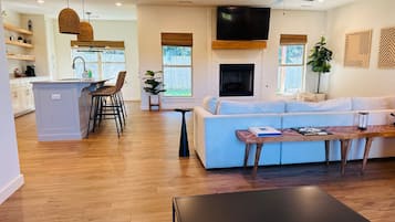 Smart TV, fireplace, books