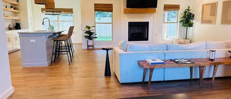 Smart TV, fireplace, books