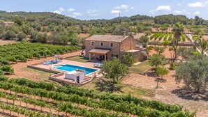 A stone villa with a swimming pool, surrounded by vineyards and a hilly landscape. - Nice home in Felanitx (Felanitx)