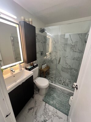 Shower, hair dryer, towels, soap