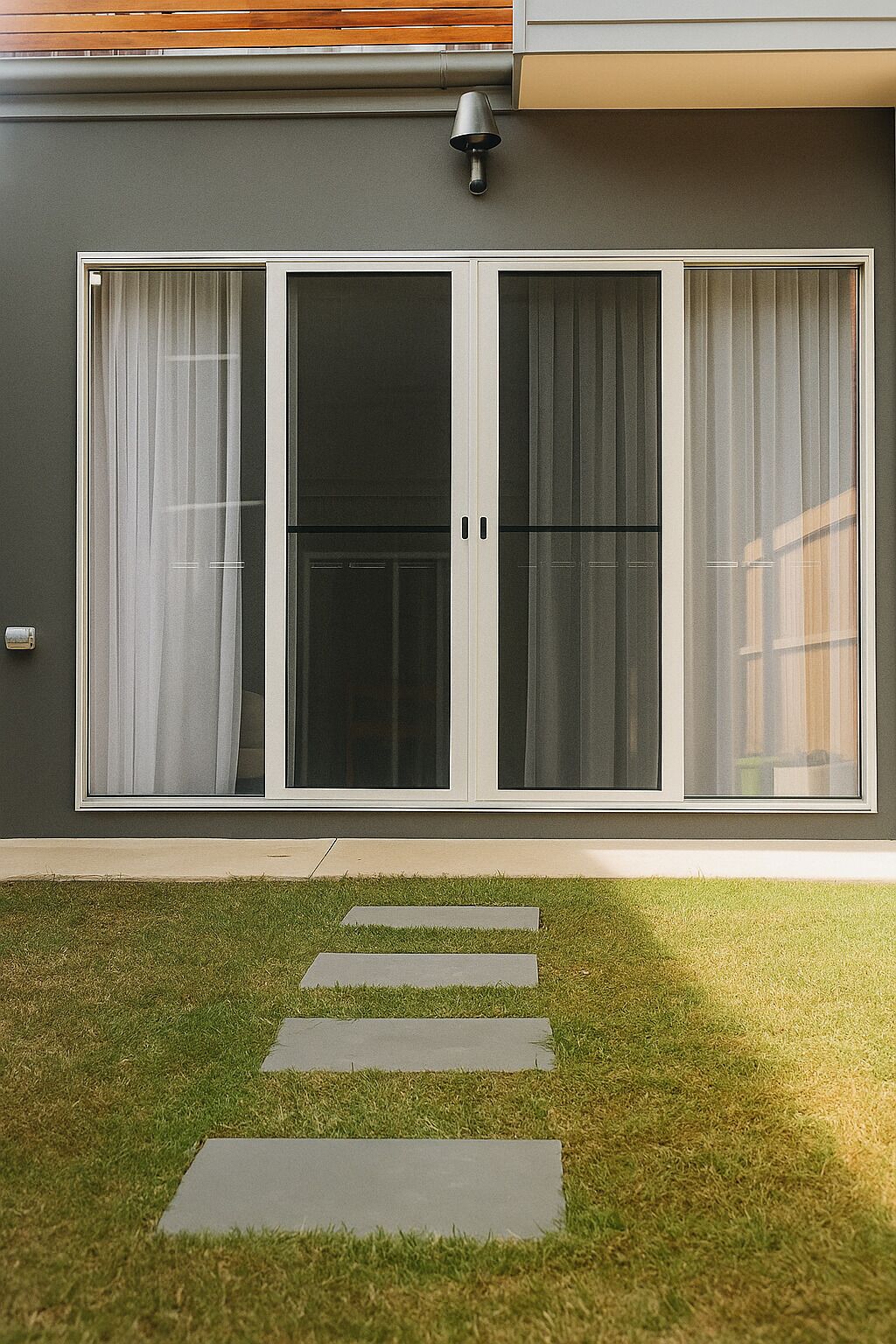 A modern building with large sliding glass doors, a small patio area with stepping stones, and a security camera above the doors.