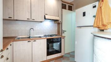 Een koelkast, een magnetron, een oven, een kookplaat