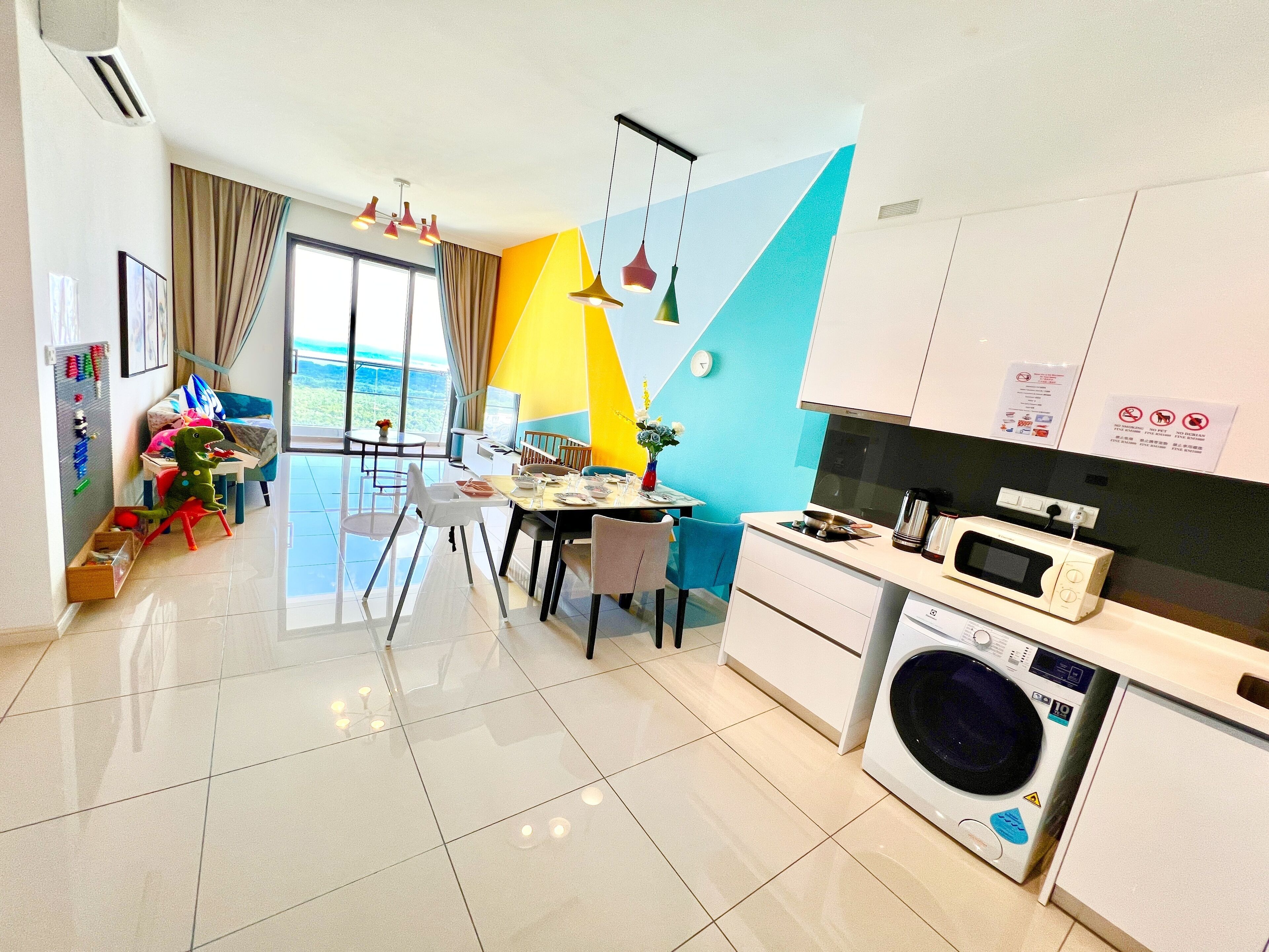 Fridge, microwave, stovetop, electric kettle