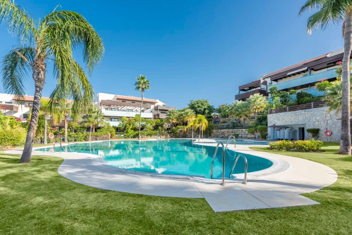 Une piscine à bord incurvé, entourée d’une pelouse bien entretenue et de palmiers.