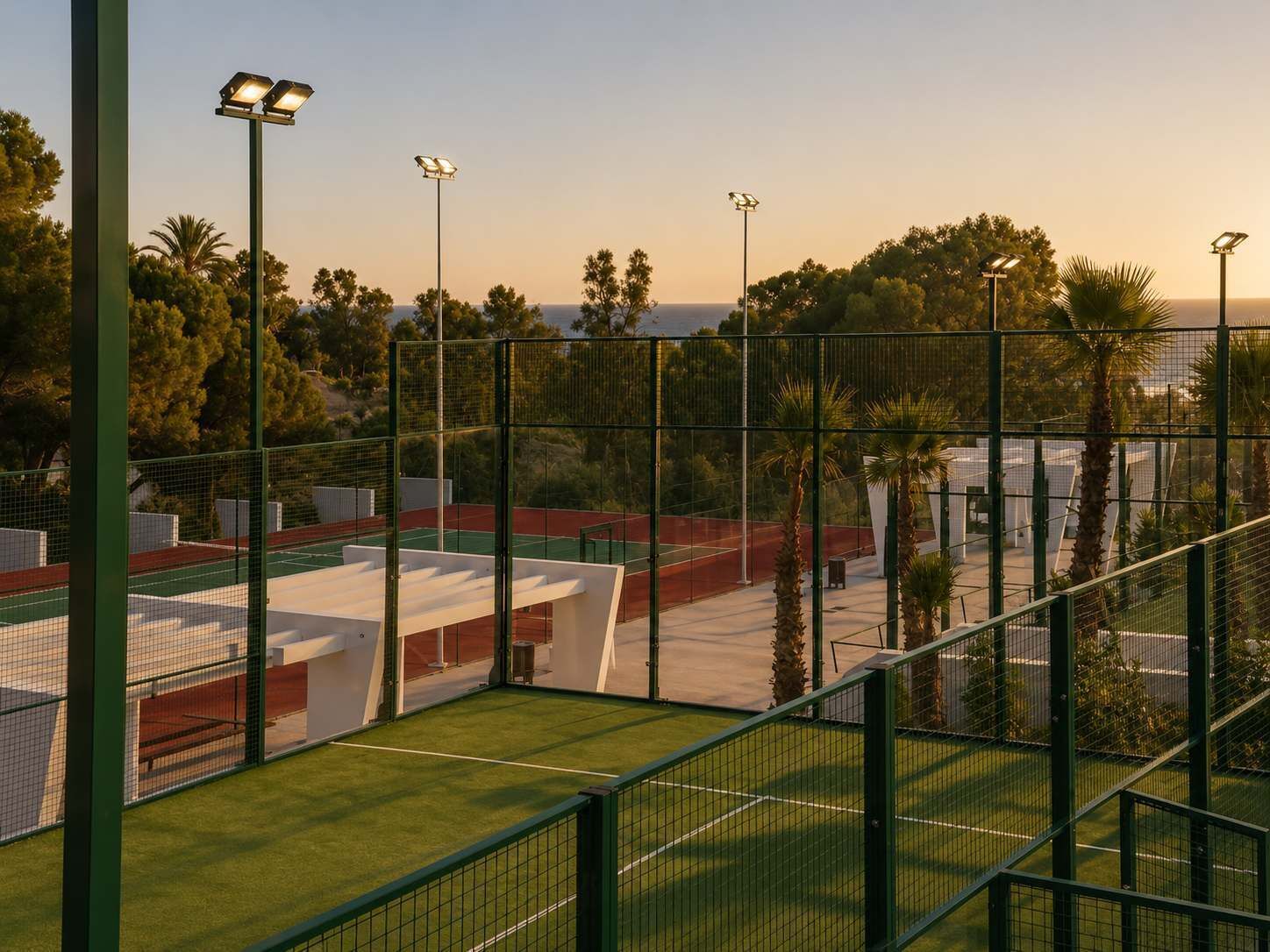 Un court de tennis entouré d’une clôture verte, éclairé par des lampes solaires, avec des arbres en arrière-plan.