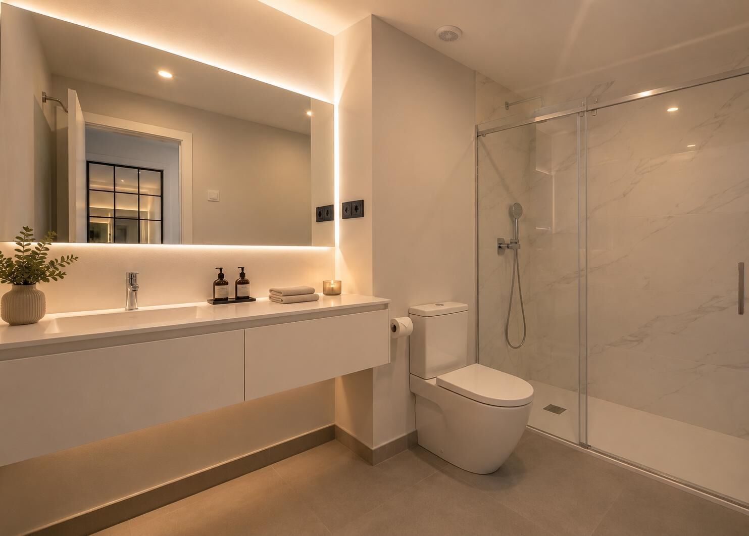 Een moderne badkamer met een douchecabine van glas, een wit toilet en een wastafel met een spiegel.
