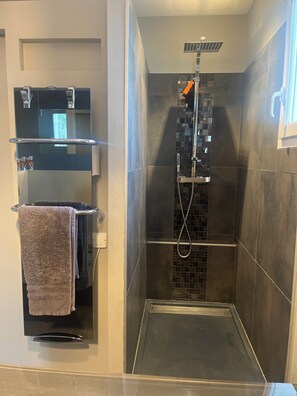 Shower, hair dryer, towels, soap