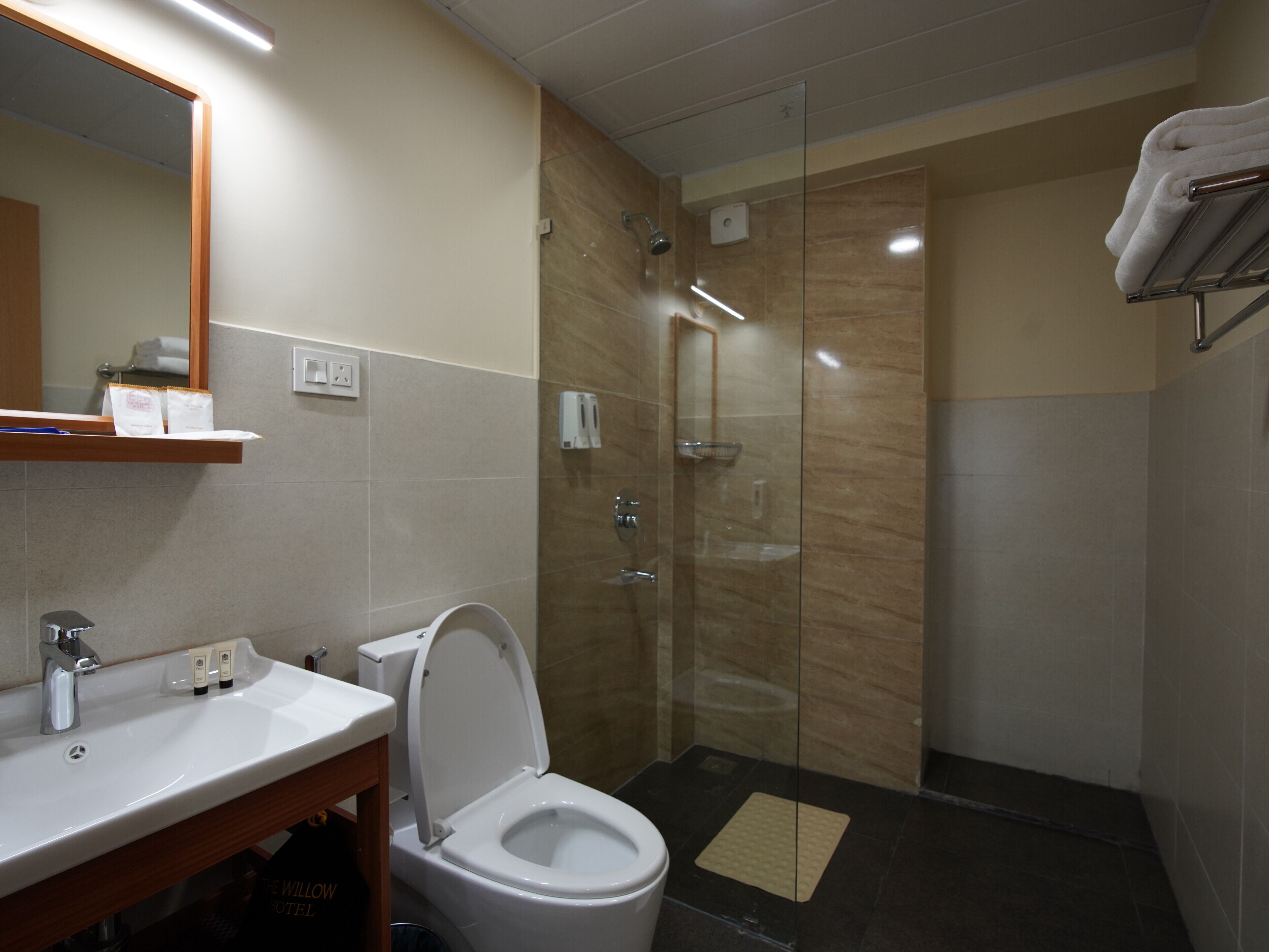 A modern bathroom with a white sink, a toilet, a glass-enclosed shower, and a towel rack.