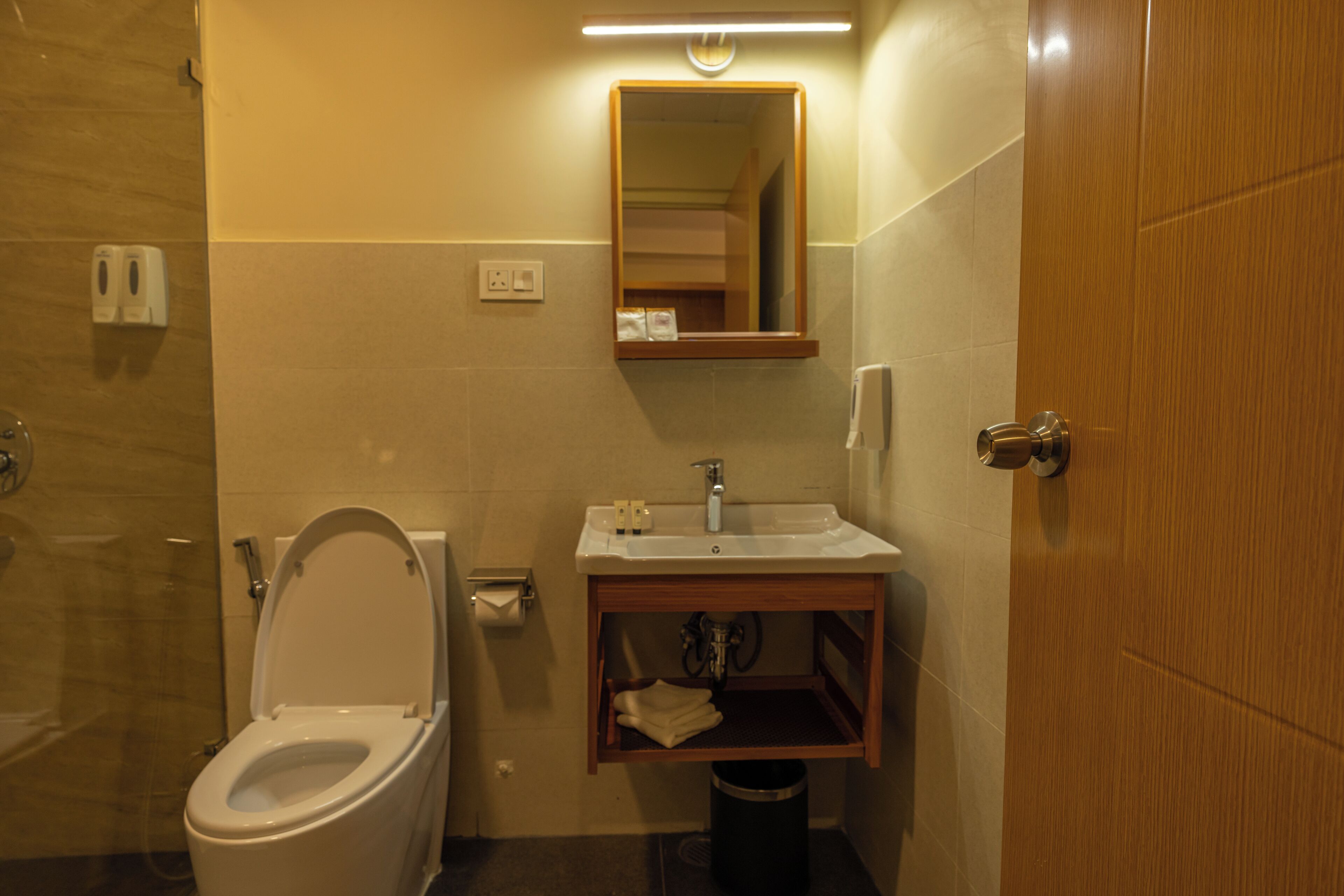 Baño con inodoro, lavamanos, espejo y armario de madera.