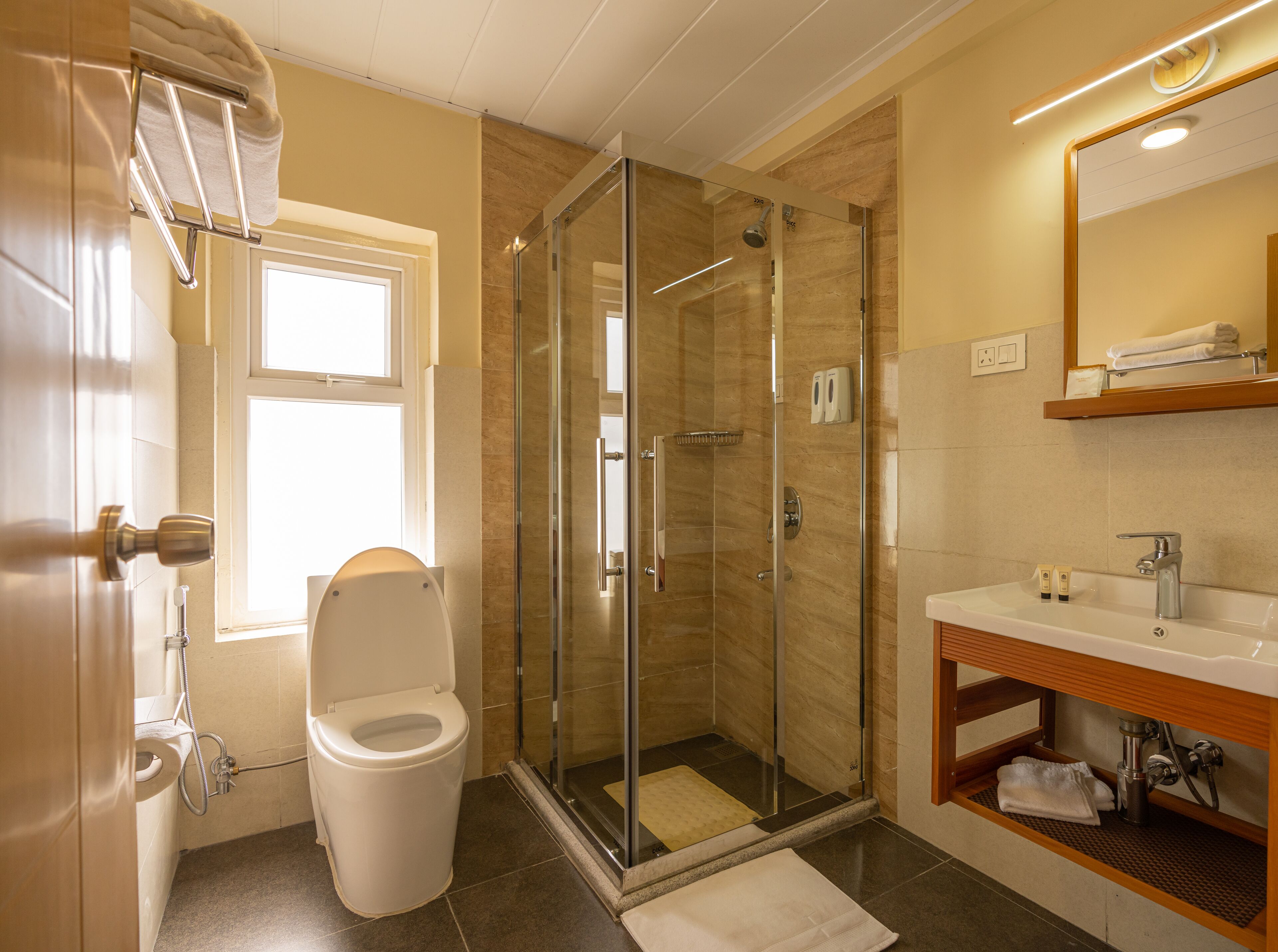 A modern bathroom with a glass-enclosed shower, a toilet, and a sink with a mirror above.