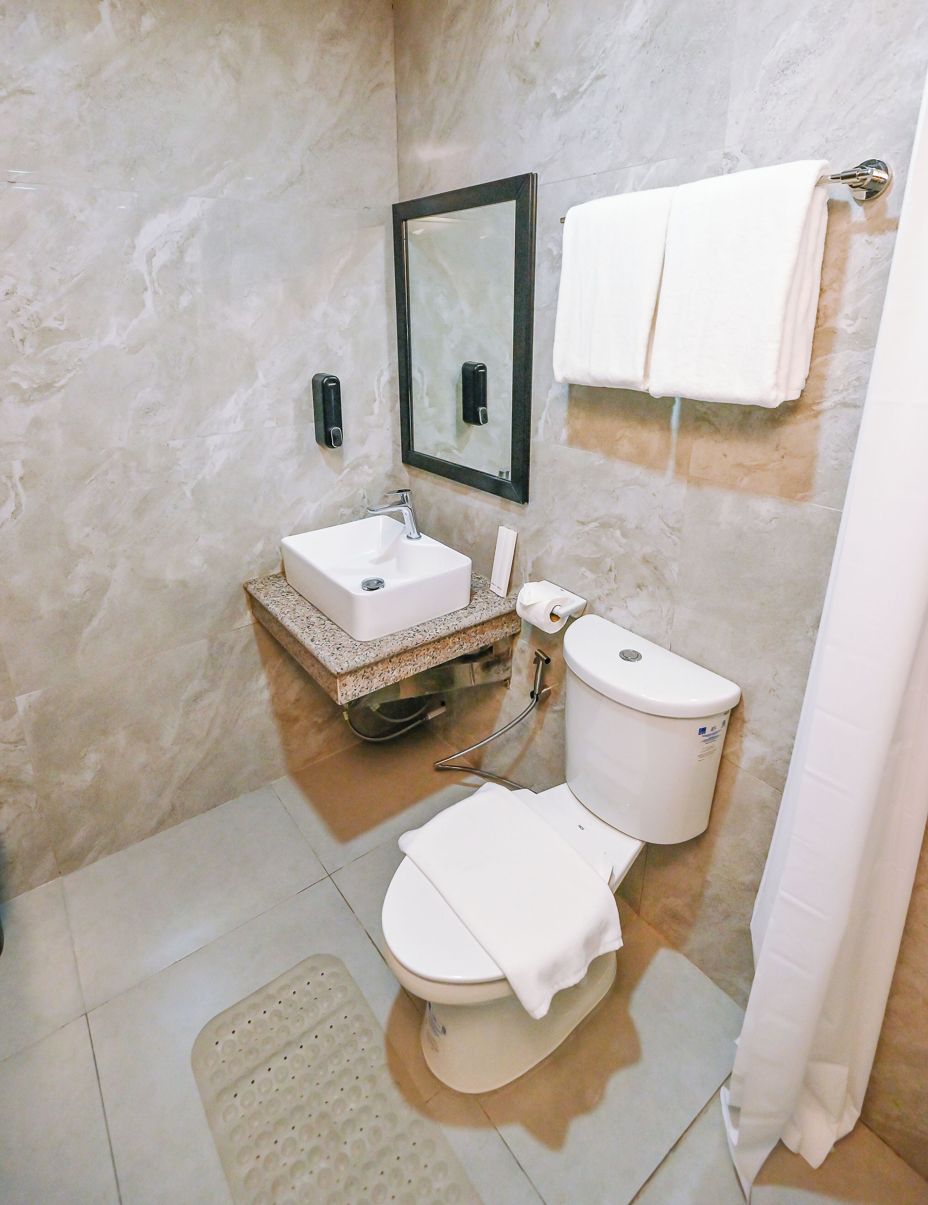 Ein Badezimmer mit weißem Waschbecken, WC und Duschvorhang.
