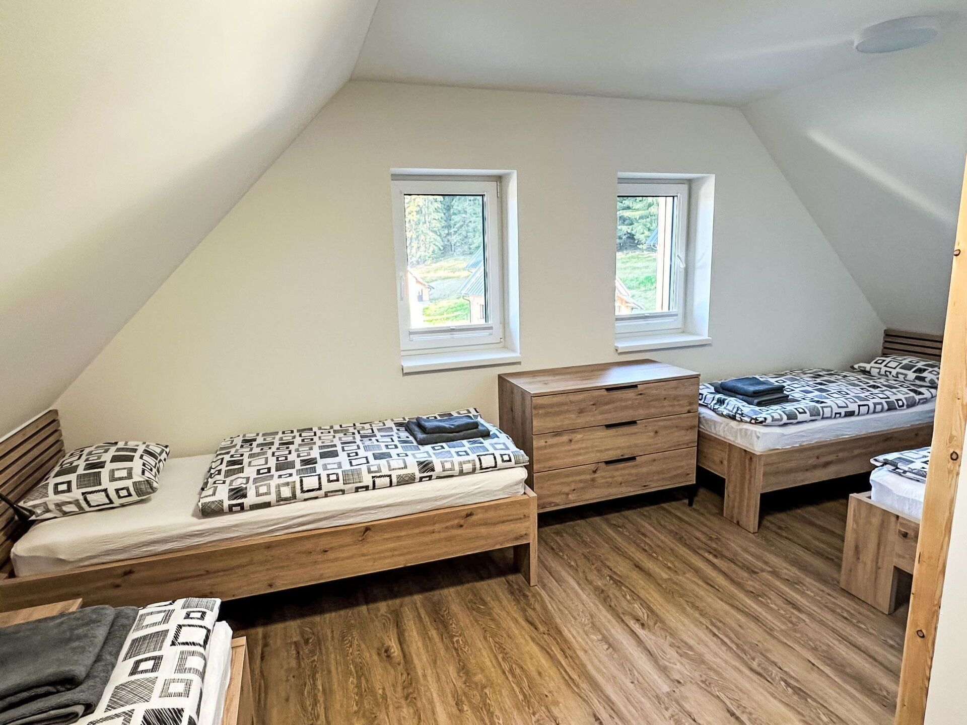 A bedroom with two beds, a wooden dresser, and two windows.