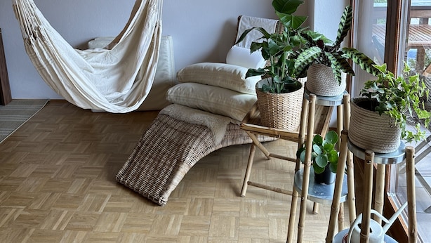 Ein Zimmer mit einer Hängematte, einem Korbstuhl und Topfpflanzen.