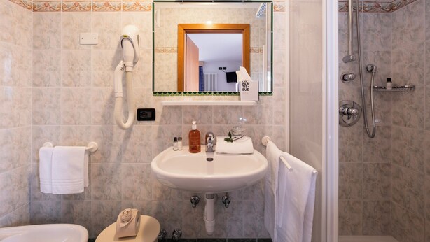 Een badkamer met een wastafel, spiegel, handdoekrek, douche en toilet.