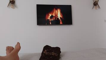 A bed with a blanket, a wall-mounted TV displaying a fireplace, and two wall-mounted decorative items.