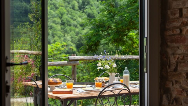 A breakfast table with a muffin, a glass of orange juice, a pitcher of milk, and a vase of flowers. - Wonderful  villa for 6 people with private pool, WIFI, TV and panoramic view, close to Florence (Gricignano)