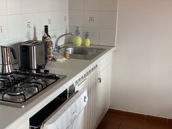 A compact kitchen with a gas stove, a toaster, a sink, and a dishwasher. - Casa Paola C - Idro (Idro)