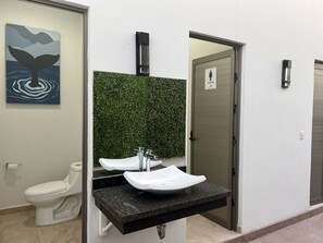 Shower, towels, soap, shampoo