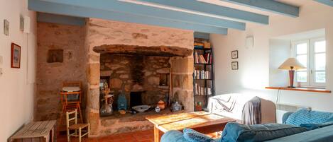 A cozy living room with a stone fireplace, a bookshelf, a sofa, and a table.