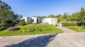 Una casa moderna con entrada pavimentada y césped cuidado.