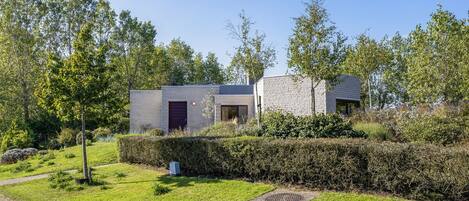 A modern house with a stone facade, a paved driveway, and a well-maintained lawn.