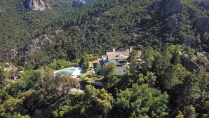 Una villa rodeada de bosque denso, con piscina y montañas al fondo.