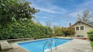 Una piscina rectangular con una escalera de metal, rodeada por un patio de concreto y abundante vegetación.