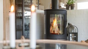 A modern room with a wood-burning stove, a glass door, and a metal railing.
