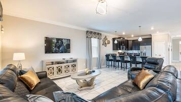 Smart TV, video games, video library, stereo