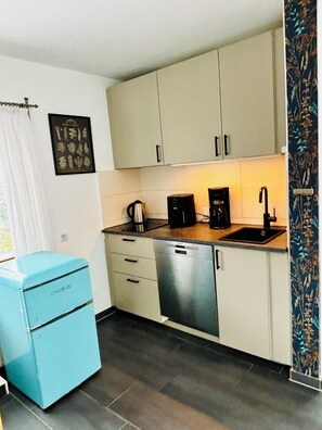 Kjøleskap, kokeplater, oppvaskmaskin og kaffetrakter/tekoker