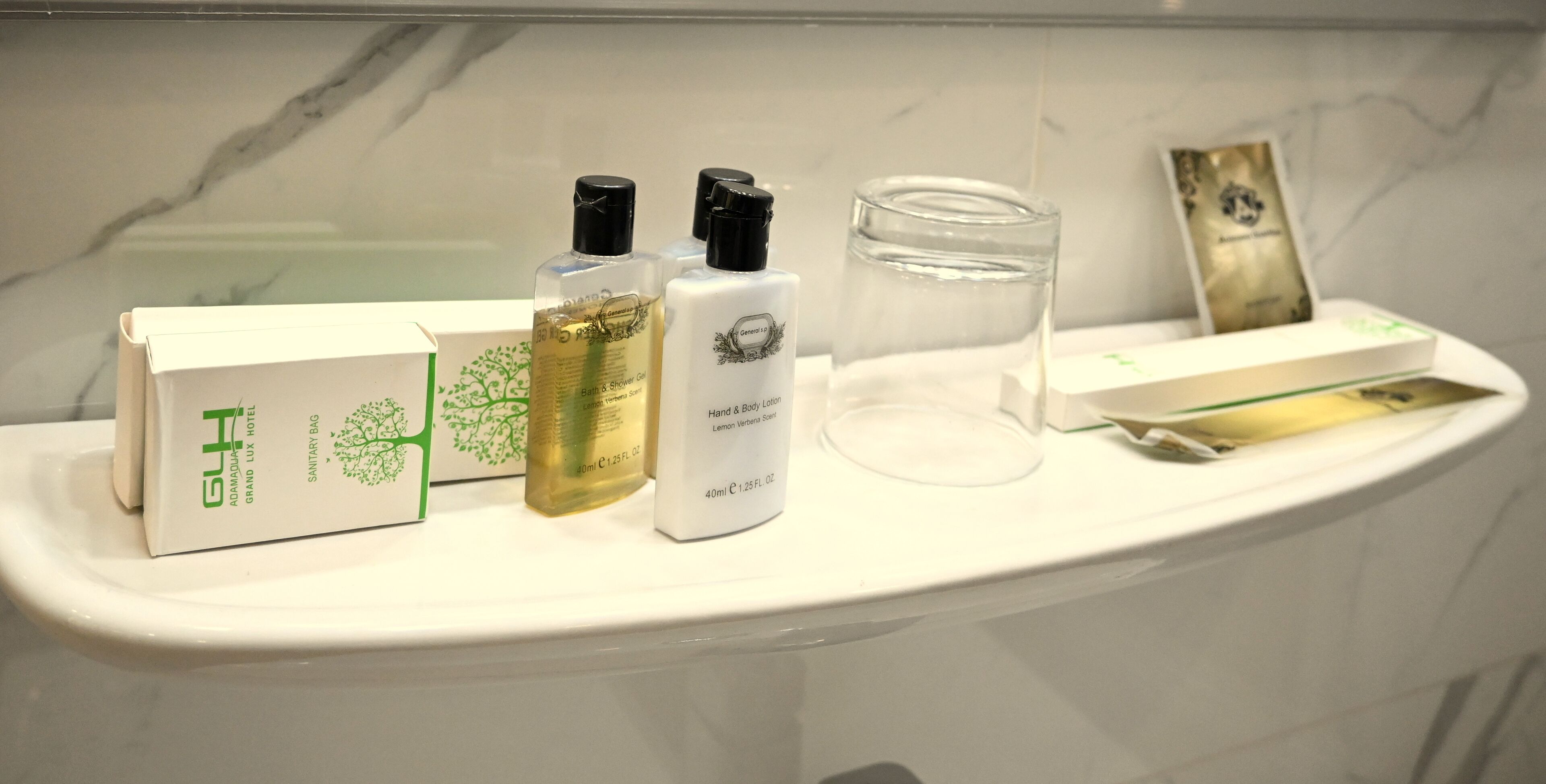 Shower, hydromassage showerhead, designer toiletries, hair dryer