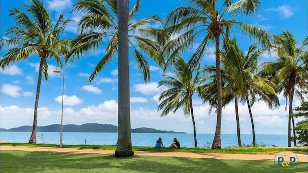 Eine tropische Strandlandschaft mit Palmen und freiem Blick auf den Ozean.