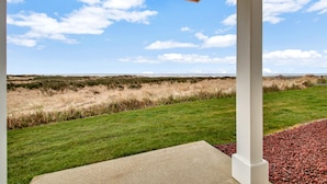 A covered outdoor area with a view of a grassy field and distant dunes under a clear sky. - 613 - A paw-some place for rest, relaxation, and Ball! (Westport)