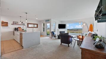 Smart TV, fireplace, DVD player, stereo