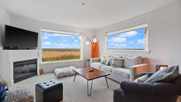 Smart TV, fireplace, DVD player, stereo