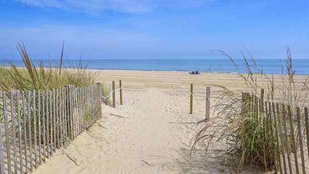 Une plage de sable bordée d’une clôture en bois et où la végétation est clairsemée.