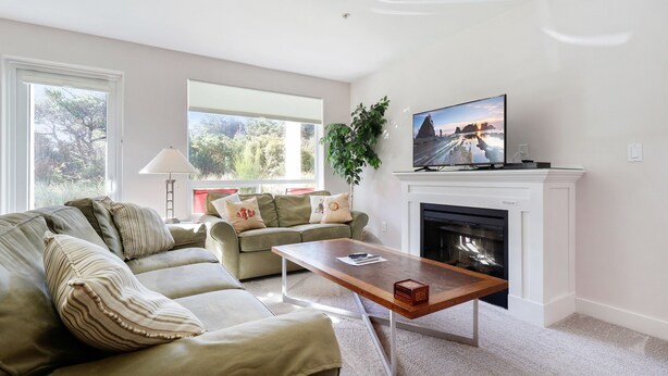 A living room with a sofa, a coffee table, a television, and a fireplace. - 1313 - Paws in the sand, head in the sky (Westport)