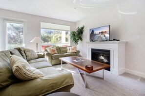 Una Smart TV, una chimenea, un reproductor de DVD