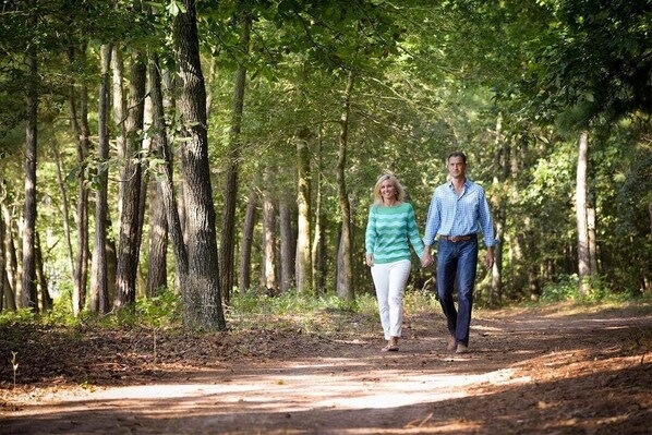 A forested path with two people walking.