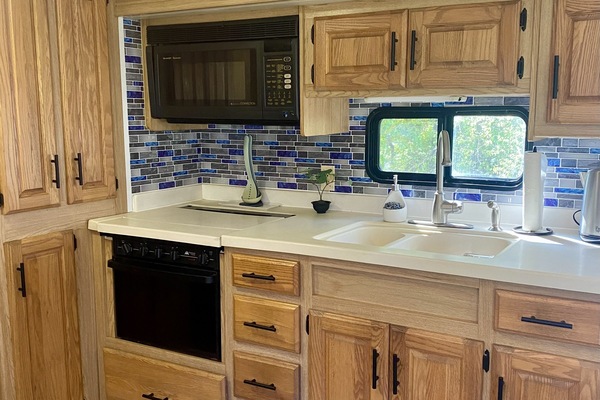 Frigorífico, microondas, horno y placa de cocina