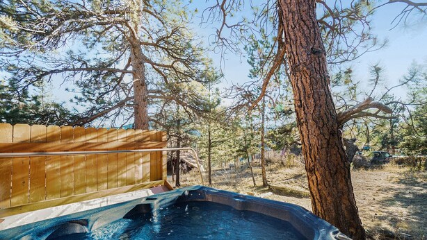A hot tub surrounded by trees in a natural setting.