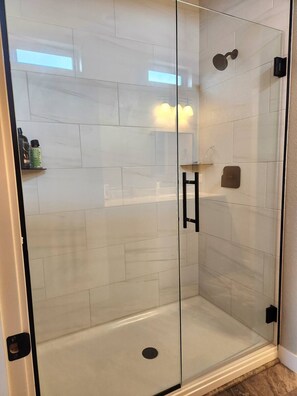 Shower, towels, soap, shampoo