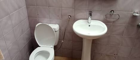 A bathroom with a toilet and a pedestal sink.