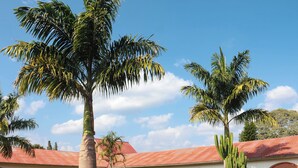 A building with a red roof and arched windows, surrounded by palm trees and a well-maintained garden. - Stc.Safari lodge (Karatu)
