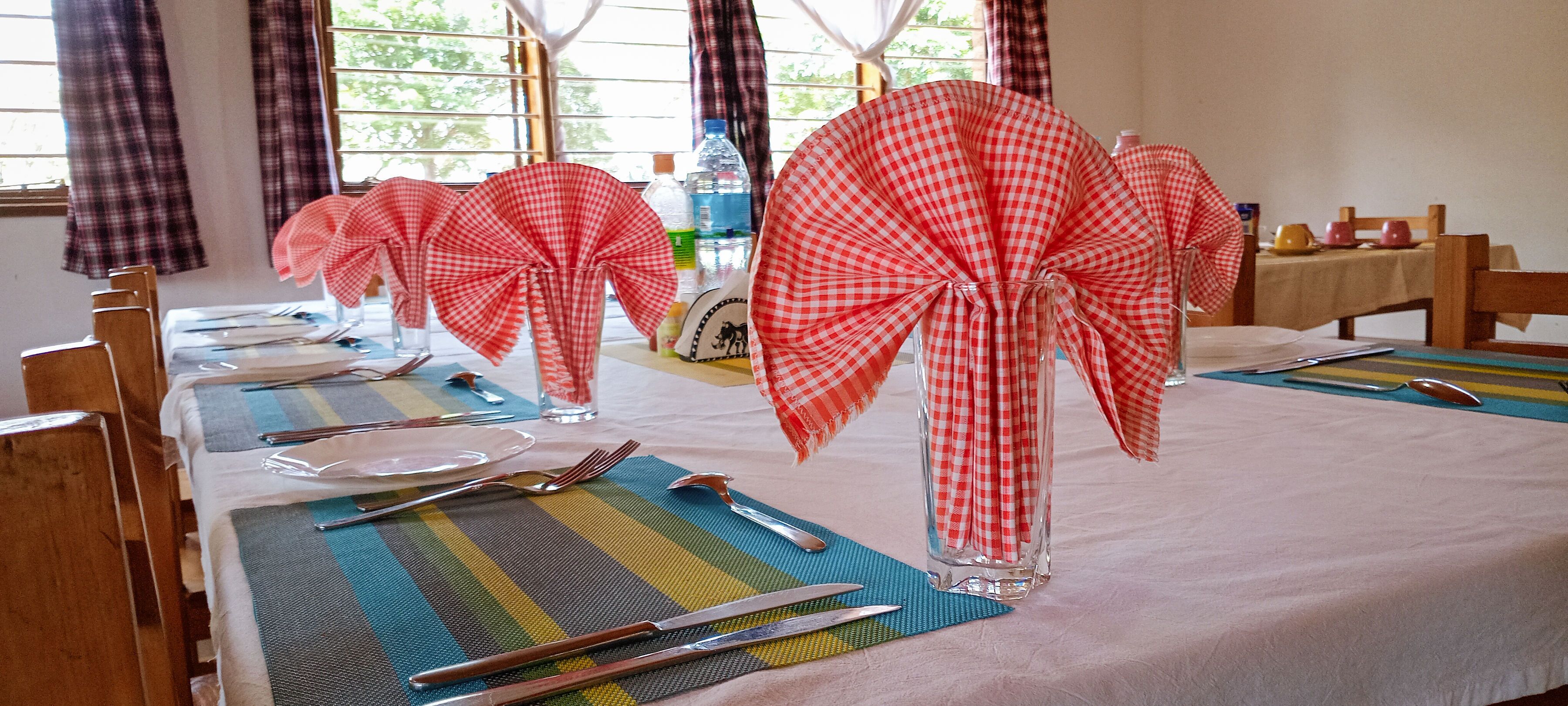 A dining table set with placemats, cutlery, and red and white checkered umbrellas as centerpieces.