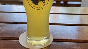 A glass of beer on a wooden bench with a logo and text on it. - Malý Janek z Jinec - brewery (Jince)