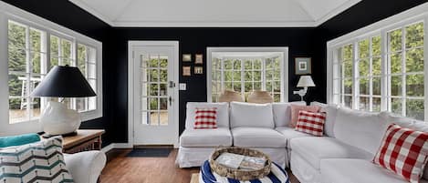 TV connectée, cheminée, livres, vidéothèque