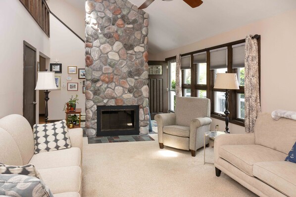 TV connectée, cheminée, livres, chaîne hi-fi