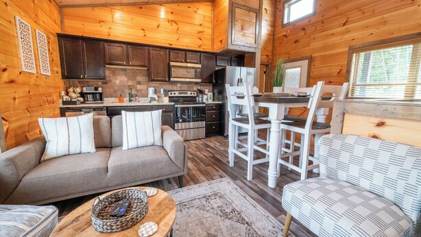A cozy cabin interior with a wooden interior, a kitchenette, a dining area, and a living room with a sofa and chairs.