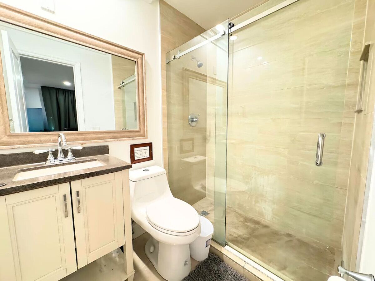 Hair dryer, towels, soap, toilet paper